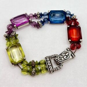 Vintage Multicolor Gemstone Style Statement Bracelet Silver Tone